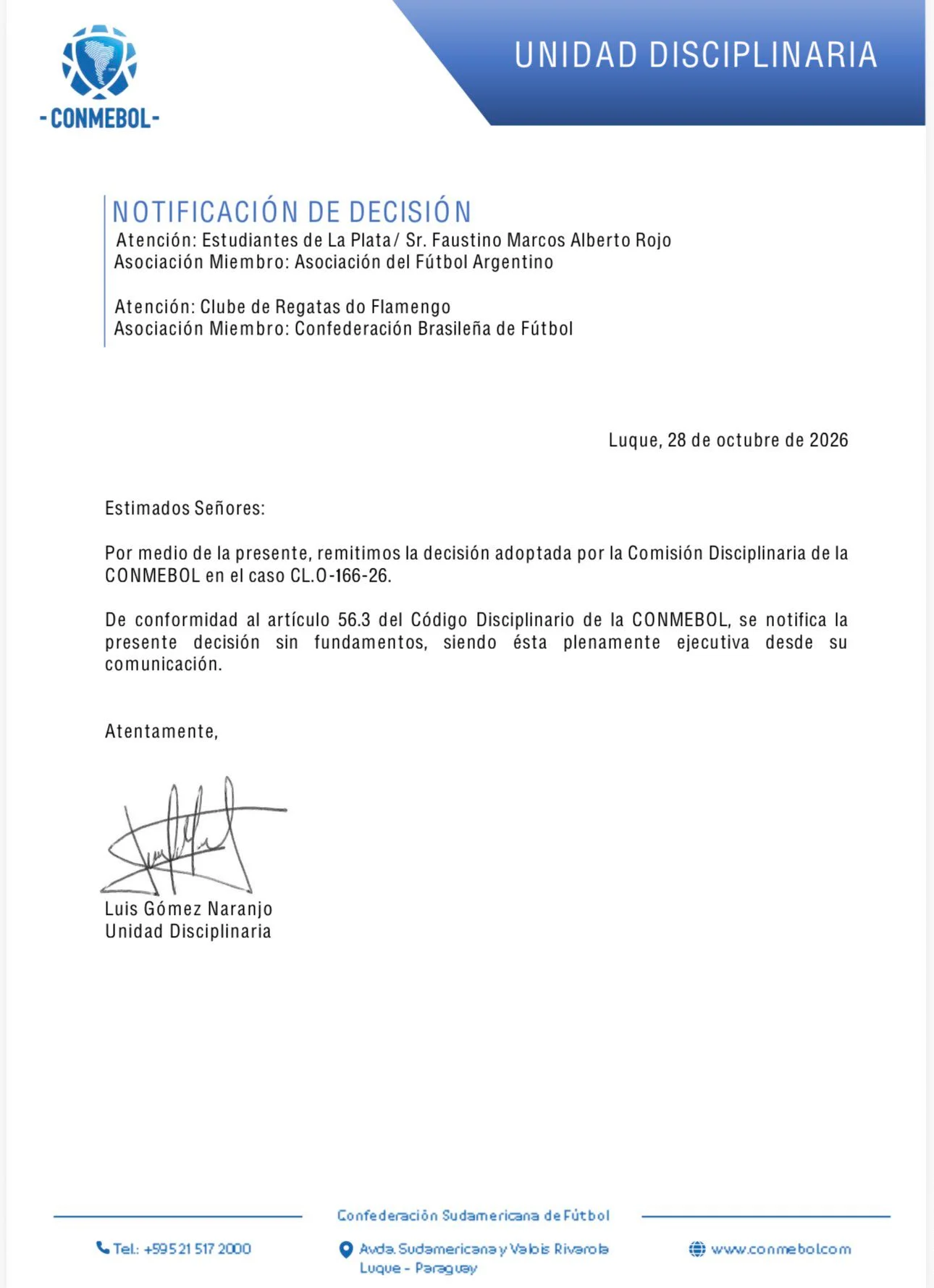Notificação da decisão da Comissão Disciplinar da Conmebol